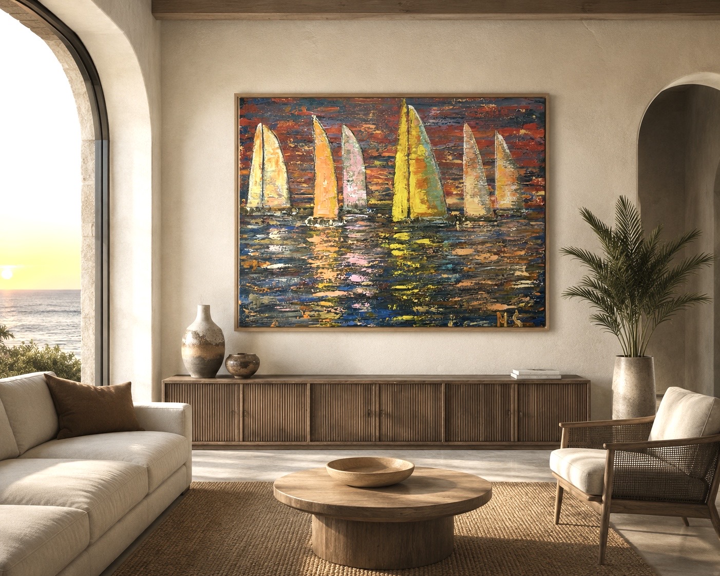 The Sun Melted into the Sea. Sailboats at Sunset displayed in an interior